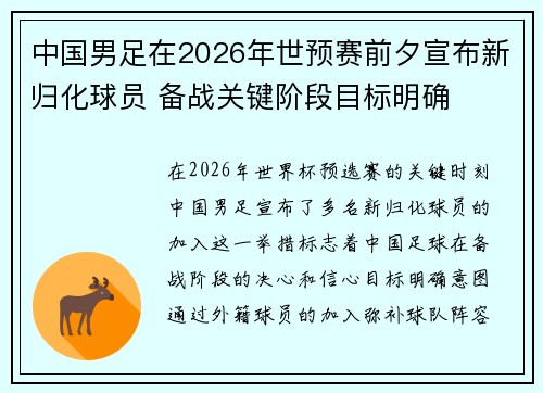中国男足在2026年世预赛前夕宣布新归化球员 备战关键阶段目标明确