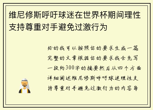 维尼修斯呼吁球迷在世界杯期间理性支持尊重对手避免过激行为